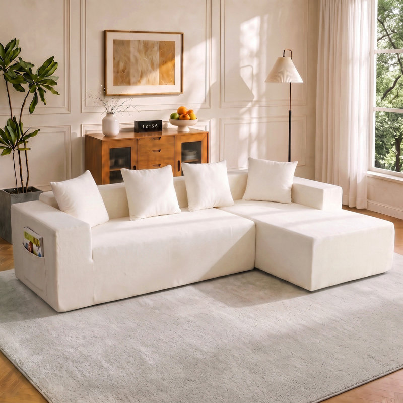 Modern Oversized 262cm Boneless Corner Sofa L-Shaped Chenille Sofa With Storage Pockets, Right Hand Facing, White