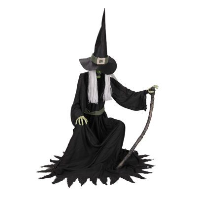 Haunted Hill Farm 4.3 ft Sitting Witch Halloween Animatronic with Head Jerking Motion