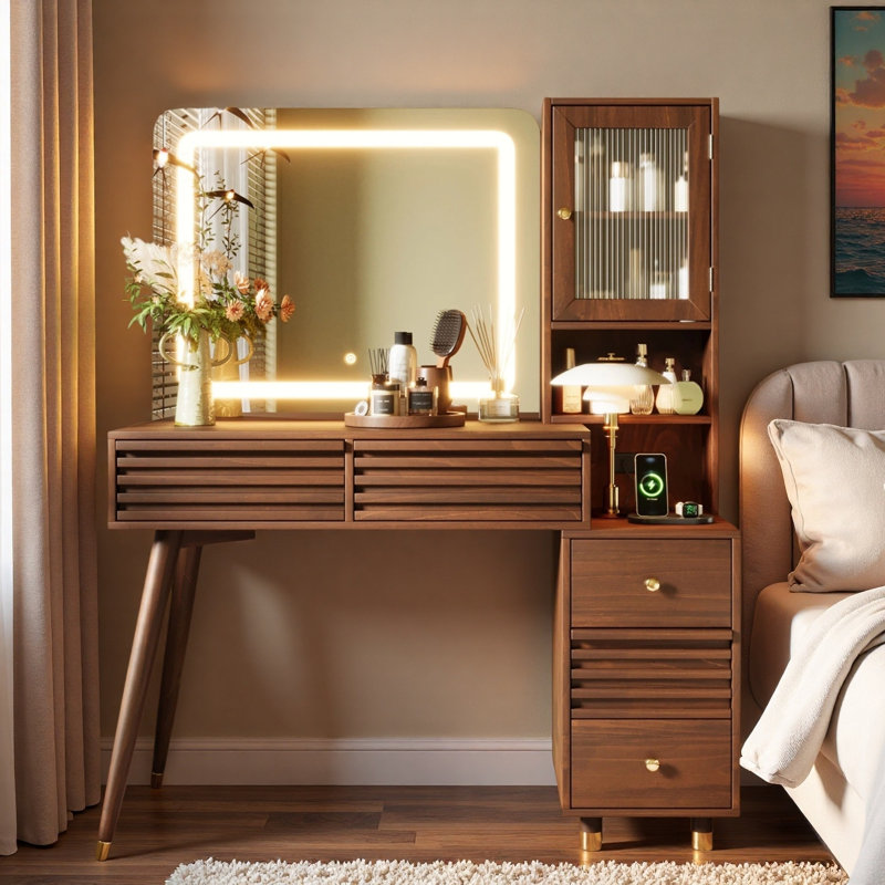 Bureau de maquillage avec miroir et lumières, 5 tiroirs, armoire de rangement en verre cannelé et prise de courant, Espresso
