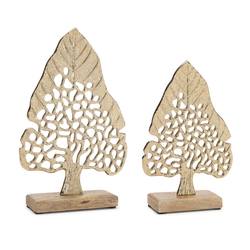 Modern Metal Leaf Tree on Wood Base