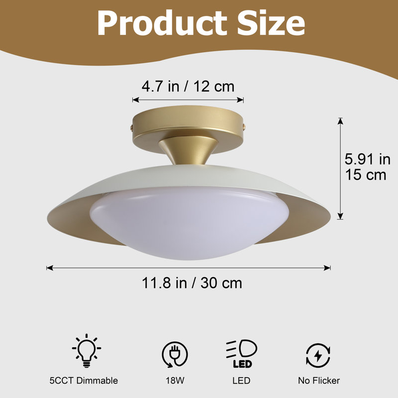 11.8" Dimmable Led Dome Semi Flush Mount, White/Gold