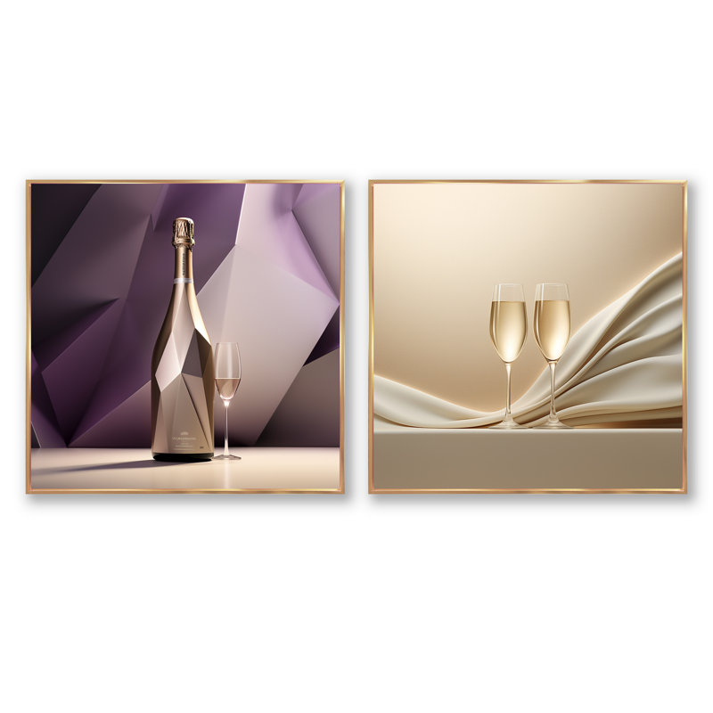 Cubes, raisin, champagne, géométrie, champagne, ensemble de collages carrés, Cadre flottant doré, H 16 po x l 33 po