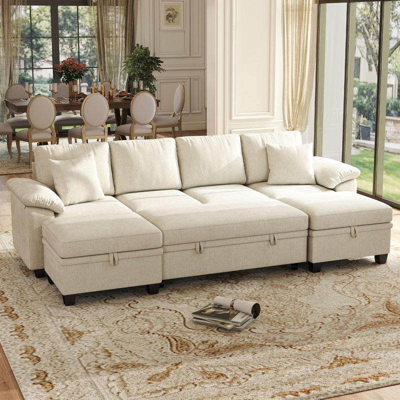 Canapé-lit modulaire convertible de 107 po avec rangement dissimulé et accoudoirs rembourrés ergonomiques, Beige Chenille