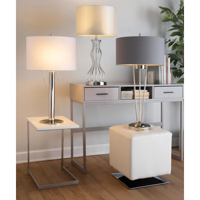 Lampe de table contemporaine en métal de 29 po avec abat-jour en nickel poli et lin blanc Master - ensemble de 2