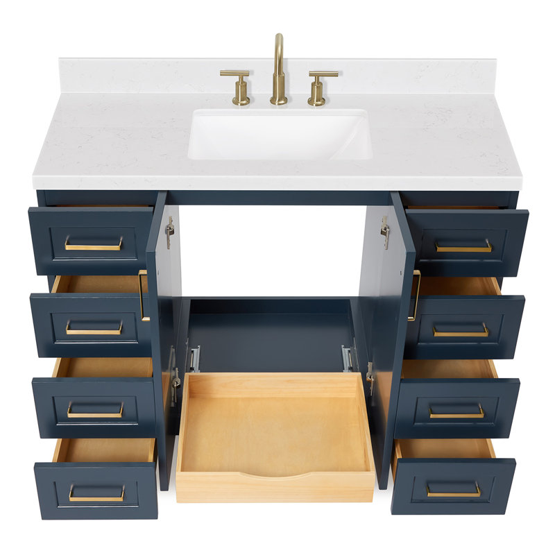 Freitas 48'' Solid Wood Single Bathroom Vanity, Midnight Blue, Carrara Quartz, Rectangle