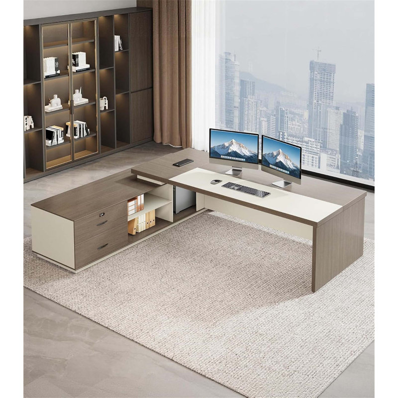 Bureau de direction en forme de L de 79 pouces avec tiroirs et rangement, bureau de coin moderne avec éclairage à DEL et prises de courant, retour à gauche fumé et crème