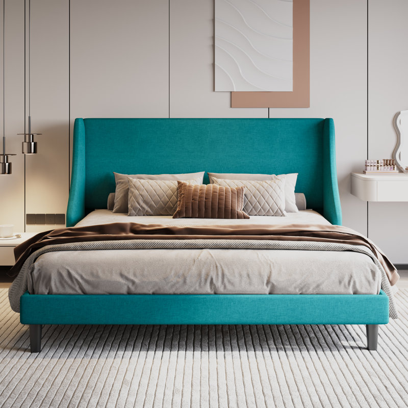 Lit plateforme tapissier Toderick avec aile de luxe et mélange de lin, Très grand, Bleu lac