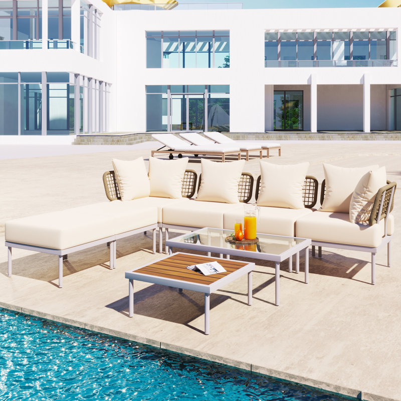 Oasis extérieure: ensemble de canapés modulaires 8 pièces avec tables basses en verre trempé et bois (beige / blanc)