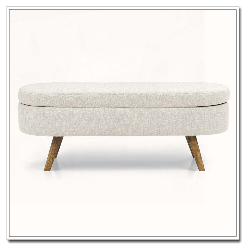 Banc de rangement repose-pieds ovale, pieds en bois d'hévéa, Beige