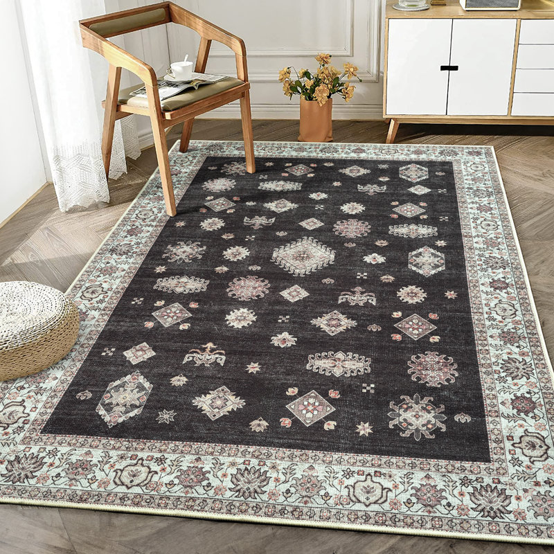 Washable Non-Slip - Black / Ivory Traditional Oriental Rug, Rectangle 9' x 12'