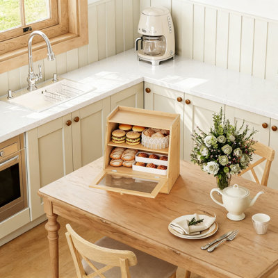 Bamboo Bread Box With Acrylic Door And Drawer, 2-Tier Kitchen Countertop Storage Container For Food Organization And Freshness
