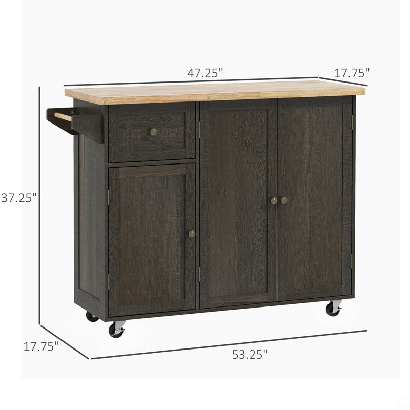 Triple-Cabinet Rolling Kitchen Island On Wheels, Kitchen Cart With Storage Shelf Adjustment, Rolling Utility Cart With Wood Top, Towel Rack, Big Drawer