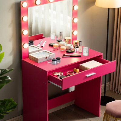 Bureau de meuble-lavabo pour chambre à coucher, rose, avec miroir, lumières et tiroir de fond, 3 modes d'éclairage