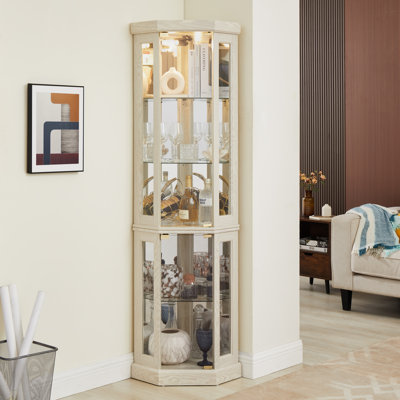 Lighted Corner Glass Curio Cabinet – Curved Silhouette Display Case With Mirrored Back & Adjustable Shelves For Living Room | Antiques, Wine & Bar Storage