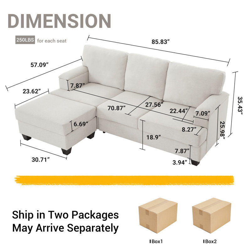 Reversible 85.84" L Shaped Sectional Sofa Couch with Ottoman, Comfy Sectional Sofa with Thick Cushion, Linen Sectional Couches for Living Room