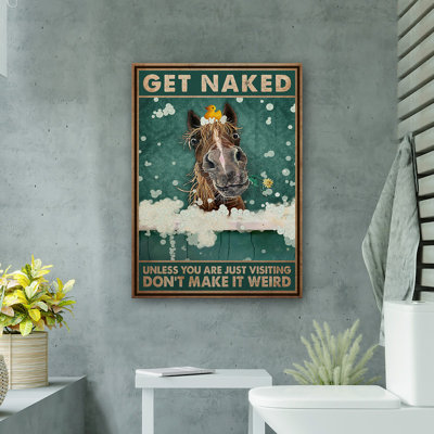Brown Horse With Rubber Duck On Head - Get Naked Gallery Wrapped Canvas - Bath And Laundry Animal Illustration Decor, Brown And Yellow Bathroom Decor