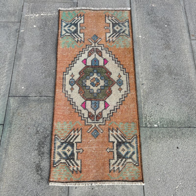 Traditional Small Wool Rug in Oushak Style with Vibrant Orange Shades for a Vintage Boho Decor