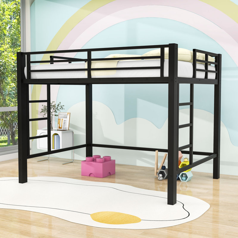 Metal Loft Bed With Dual-Side Ladders, Guardrails And Space-Saving Under-Bed Area, Queen