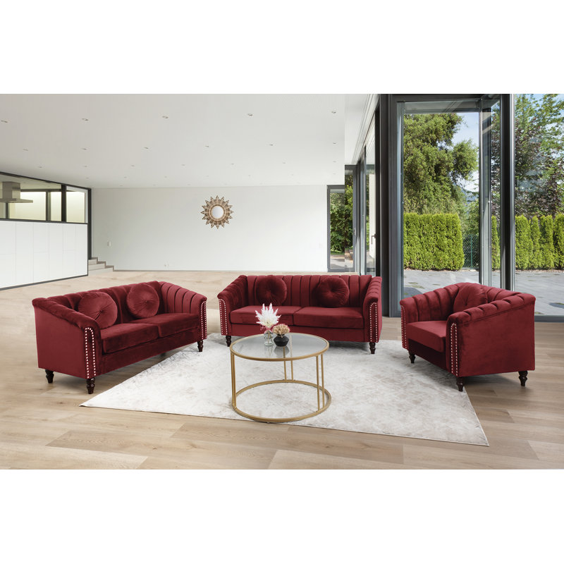 Red Velvet 3-Piece Chesterfield Living Room Set