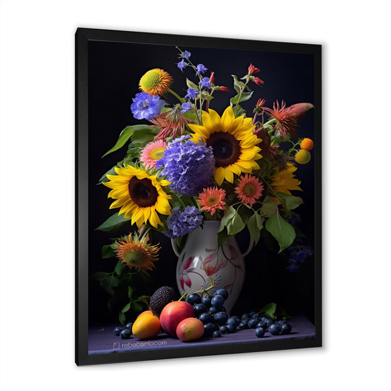 Nature morte avec des tournesols dans un vase - reproduction sur toile, H 40 po x l 30 po x P 1,5 po, Cadre simple noir