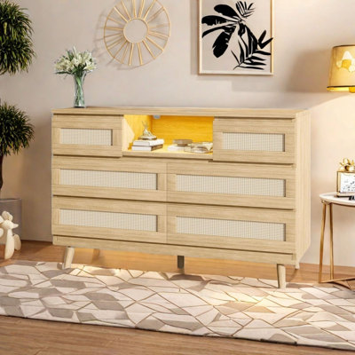 6 Drawers Dresser With Led Light And Charging Station, Rattan Dresser,  Wooden Dresser Chest For Bedroom Living Room