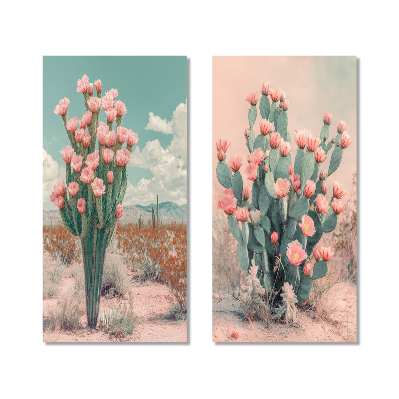 Pastel Cactus Bloom in the Desert II - Pink Botanical 2 pièces, grande impression murale en métal, 40" H x 40" W