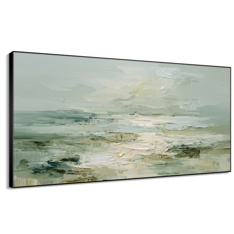 Très grande reproduction d'art sur toile - Horizon côtier vert tendre avec un pinceau superposé, mélange d'œuvres d'art pour le salon ou la chambre à coucher - «Assemblage requis du cadre (cadre non fini)»