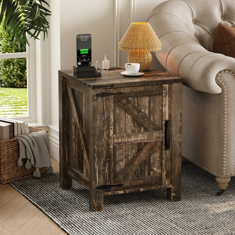 Farmhouse Nightstand set of 2 with USB Charging Station, Rustic Bedside Table with Sliding Barn Door & Adjustable Shelf, 18 Inch Two-Tier End Table for Bedroom Living Room