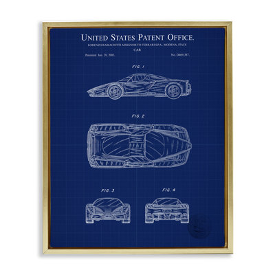 "Blue Car", art détaillé sur toile encadrée dorée par Karl Hronek