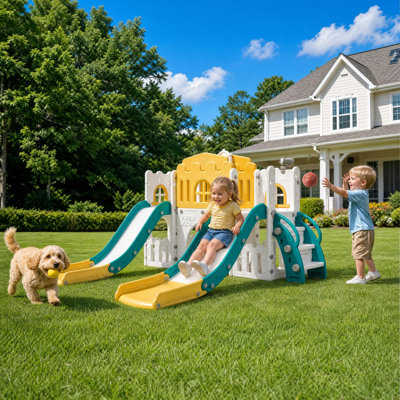 Aire de jeux 10-en-1 pour enfants avec glissade, structure d'escalade, panier de basketball, tunnel, rangement et jeu de lancer d'anneaux. Parfait pour l'intérieur et l'extérieur.