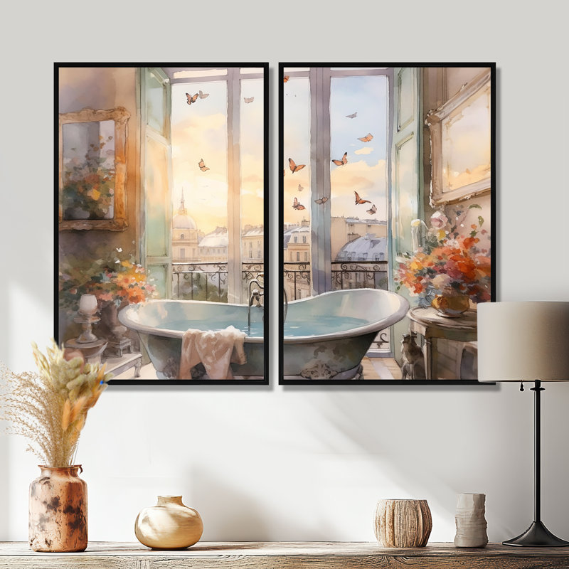 «Bathroom Whispering Butterflies I», art mural moderne doré, Noir, H 36 po x l 48 po, Impression encadrée flottante