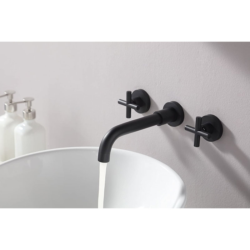 Robinet de salle de bain mural noir mat avec poignées doubles - Rouille, corrosion, égratignure, ternissure, tache, débit de 1,5 gallon par minute, bec de 8 po de hauteur, plate-forme de 7 po à portée centrale de 3 po, débordement de l'ensemble de drain