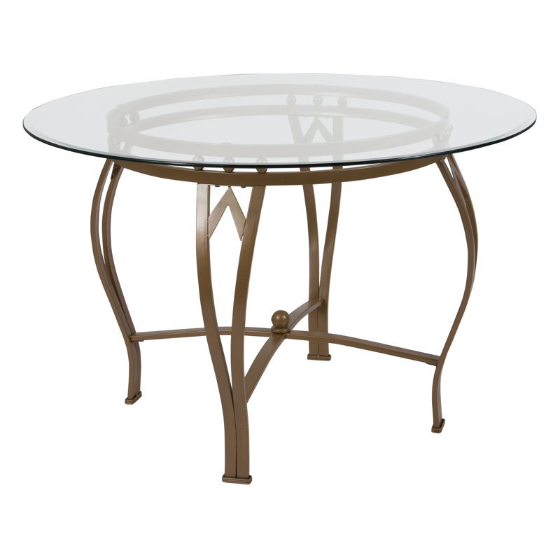 Syracuse Round Glass Dining Table with Bowed Out Metal Frame, Gold, 29.5" H x 42" W x 42" D