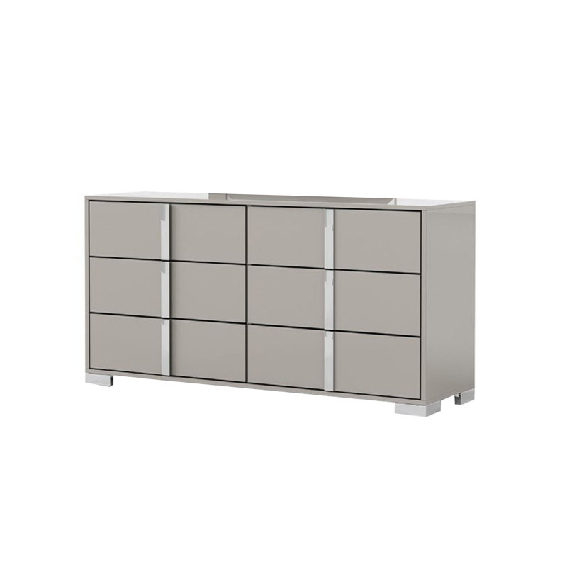 Suni Wide Dresser, Piano Wood With UV Finish, 6 Drawers, Light Taupe/Chrome