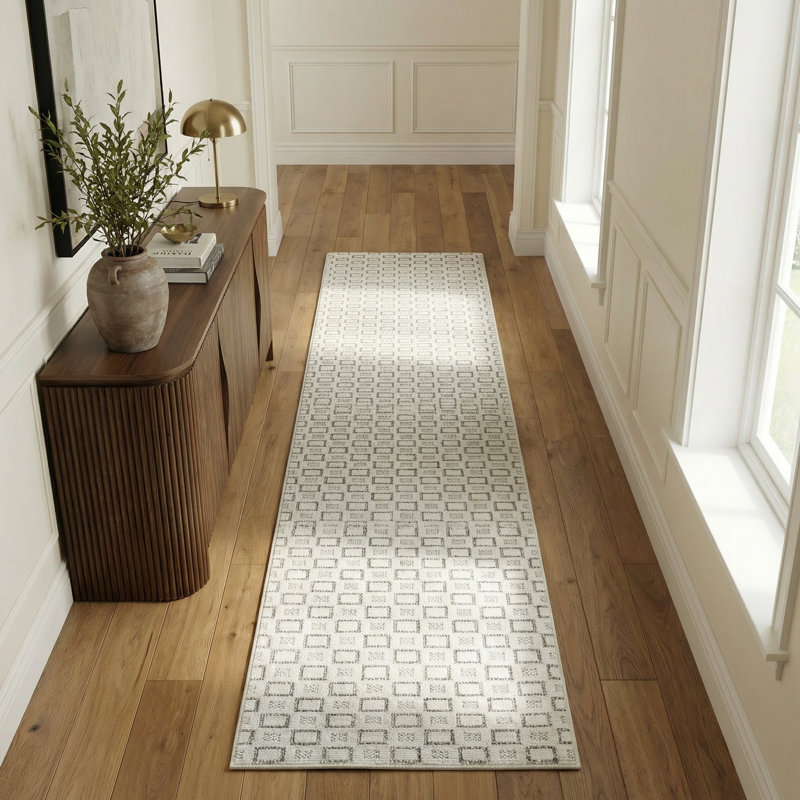 Tapis de couloir à motif géométrique crème / beige 2 pi x 8 pi (2 pi 3 po x 8 pi) Tapis Branch Branch, contemporain, à poils courts et résistant aux taches