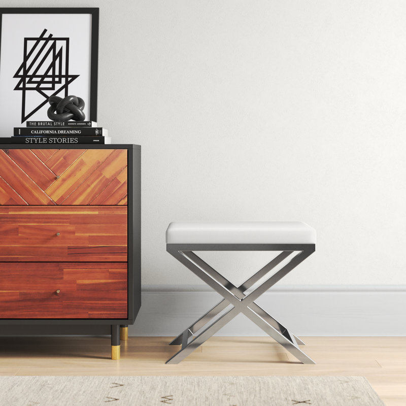 Tabouret d'appoint en bois massif Andriesse, Blanc, Argent