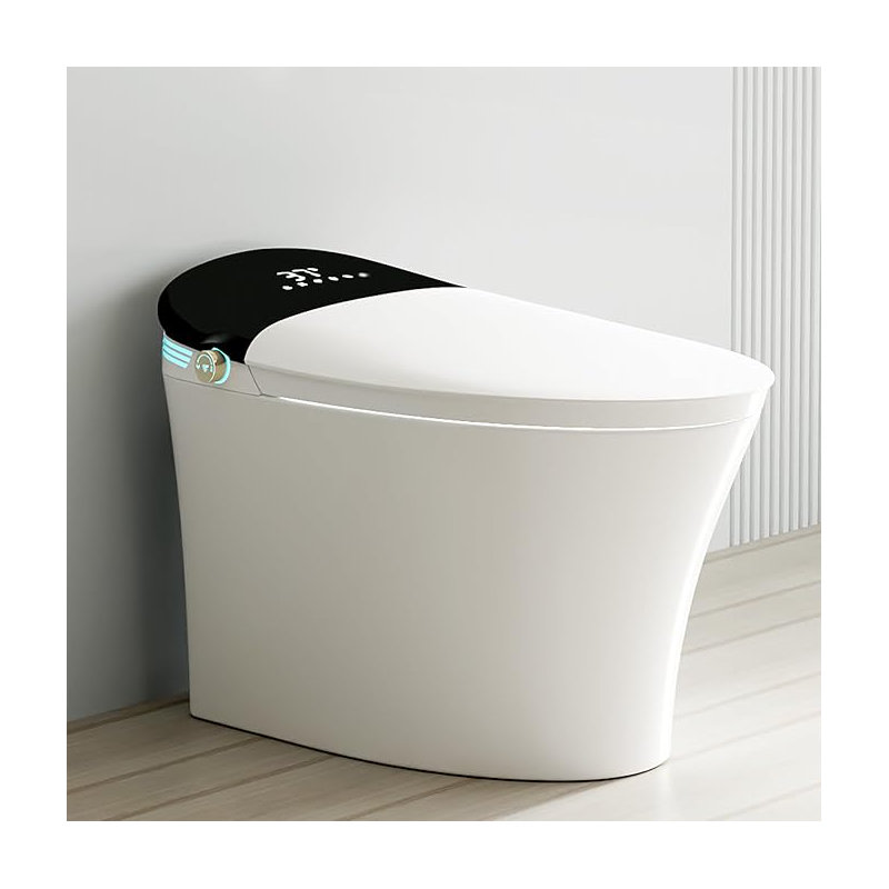 YingZe Smart Toilet With Bidet, One-Piece Elongated, Auto Open/Close & Flush, Heated Seat, Front & Rear Wash, LED Display, Night Light, 12-inch Rough-in, White, Ceramic (White with Black Screen)