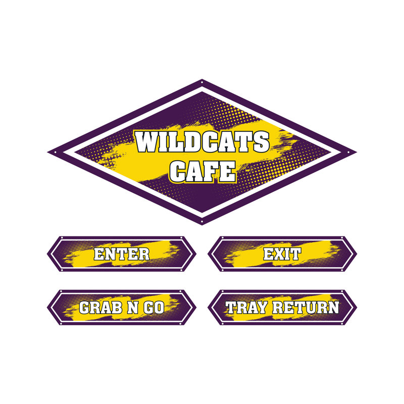 AmTab - Service-Décor-S03-J-EC - Panneau de service (5 pièces) - Style 3 - Wildcats
Enseigne de café: l 24 po x L 72 po
Signe d'entrée: l 8,5 po x L 36 po
Enseigne de sortie: l 8,5 po x L 36 po
Panneau Grab N Go: l 8,5 po x L 36 po
Panneau de retour du plateau: l 8,5 po x L 36 po
