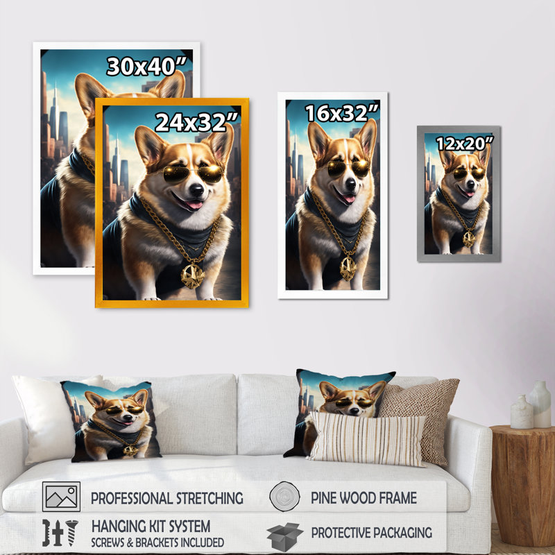 «Pembroke Welsh Corgi Gangster in NYC II», impression sur toile, Impression noire sur toile encadrée