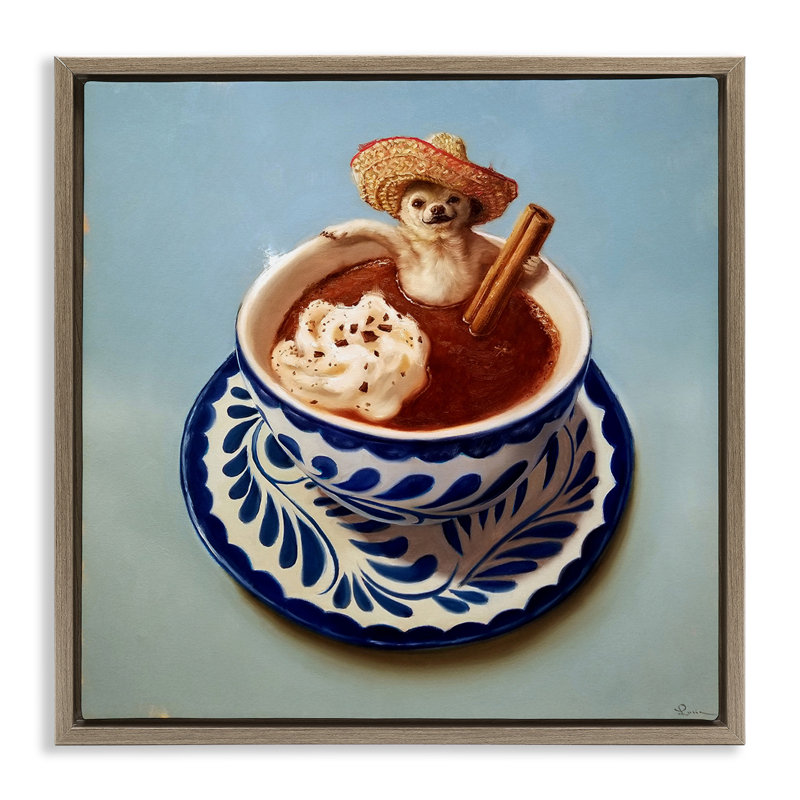 «Chihuahua Hot Chocolate Humor» par Lucia Heffernan, Cadre flottant orme Montalcino, H 18 po x l 18 po