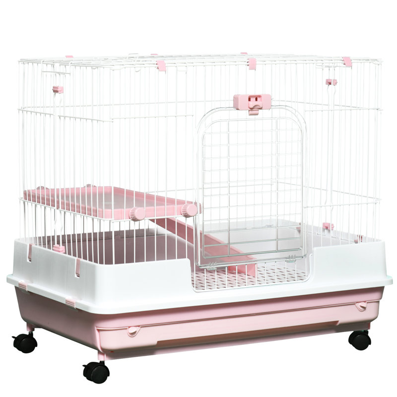 Cage pour animaux à 2 niveaux avec roulettes et plateforme, plateau amovible, pour chinchillas, etc., plateau pour petits animaux rose, furet