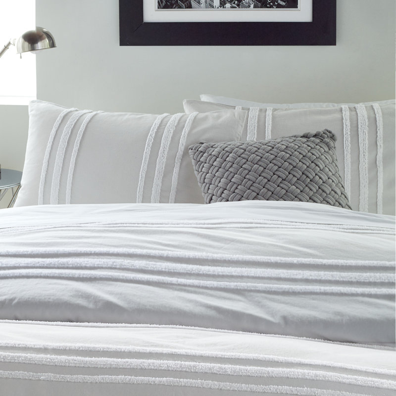 DKNY Chenille Stripe 100% Cotton 3 Piece Comforter Set, King Comforter + 2 King Shams, Gray