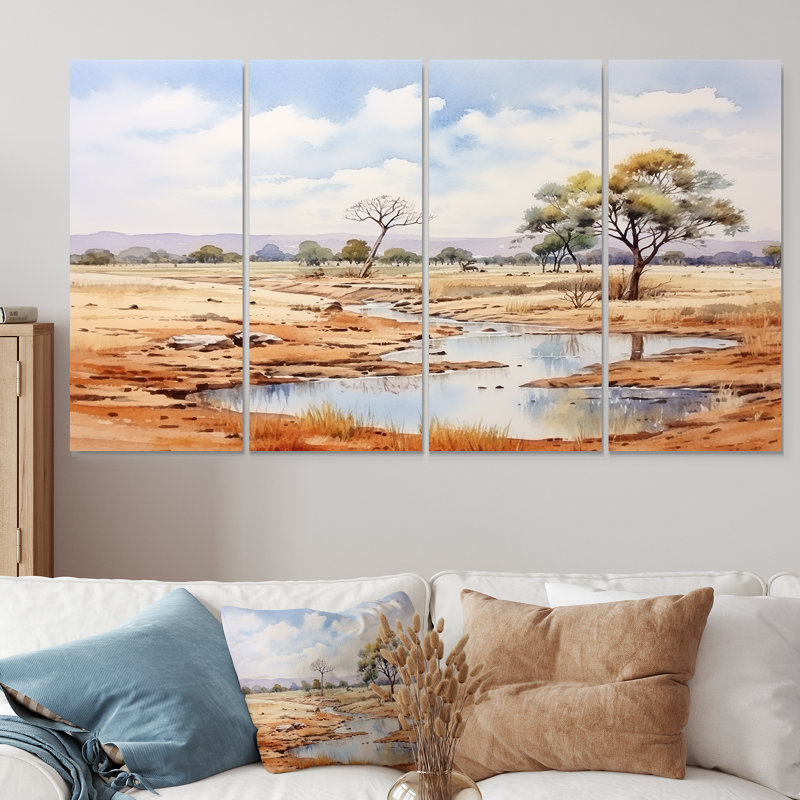 «Beige African Safari Landscape II», ensemble d'art mural 4 pièces, H 32 po x l 64 po