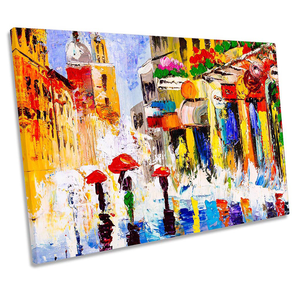 Umbrellas Modern City Print CANVAS WALL ART Picture Multi-Coloured