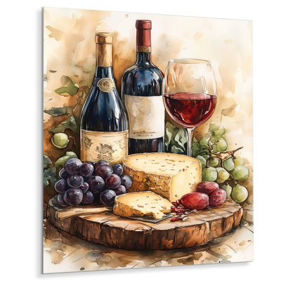 «Brown Wine and Cheese Gathering - Kitchen Still Life», reproduction d'art murale en métal