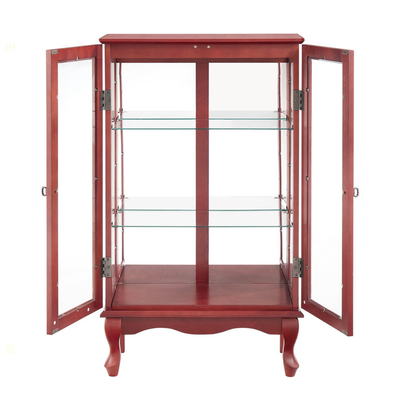 2 Doors Curio Cabinet With Tempered Glass Doors, Curio Cabinets With Mirrored Back Panel And Adjustable Shelves, Lighted Display Cabinet For Home, Office Light Bulb Included Cherry