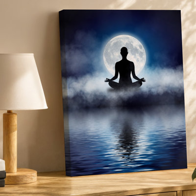 Reproduction d'art sur toile, silhouette sereine d'une figure méditante assise en tailleur sur la surface calme d'un lac tranquille