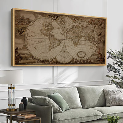 Impression sur toile encadrée, carte du monde rétro avec détails ornés