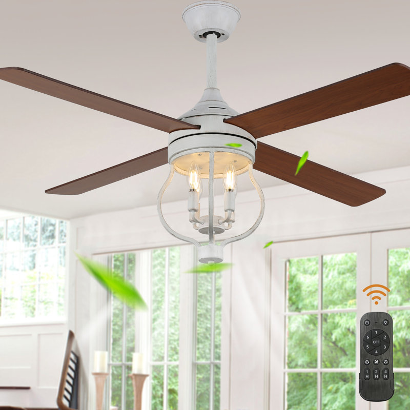 Kahliel 52" Industrial 4-Light Caged Ceiling Fan with Lights and Remote, 6-Speed Reversible Ceiling Fan, Brown, White