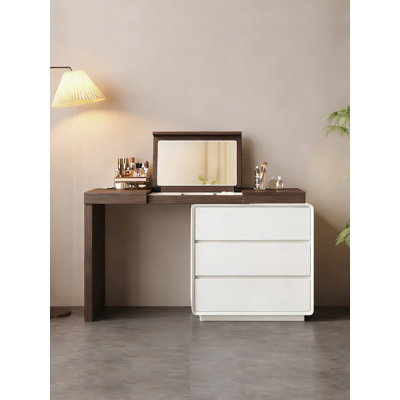 Table de coiffeuse à deux tons avec miroir rabattable et armoire d'appoint